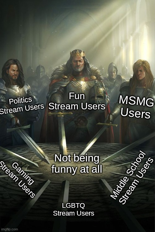 What unites us is how unfunny we are. | Fun Stream Users; MSMG Users; Politics Stream Users; Not being funny at all; Middle School Stream Users; Gaming Stream Users; LGBTQ Stream Users | made w/ Imgflip meme maker