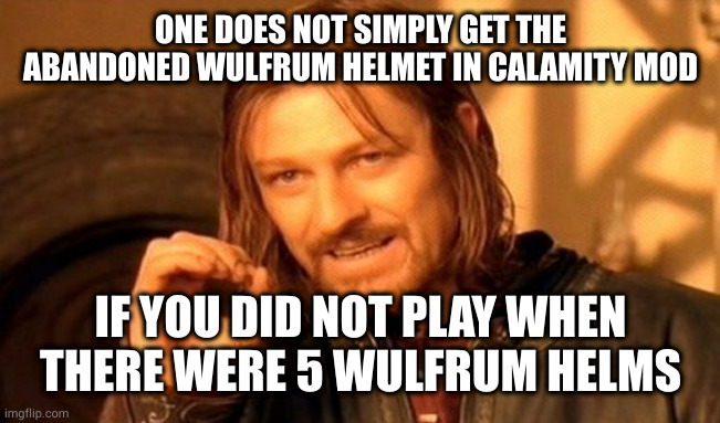 Terraria TModLoader meme | ONE DOES NOT SIMPLY GET THE ABANDONED WULFRUM HELMET IN CALAMITY MOD; IF YOU DID NOT PLAY WHEN THERE WERE 5 WULFRUM HELMS | image tagged in memes,one does not simply,terraria,meme,pc gaming | made w/ Imgflip meme maker