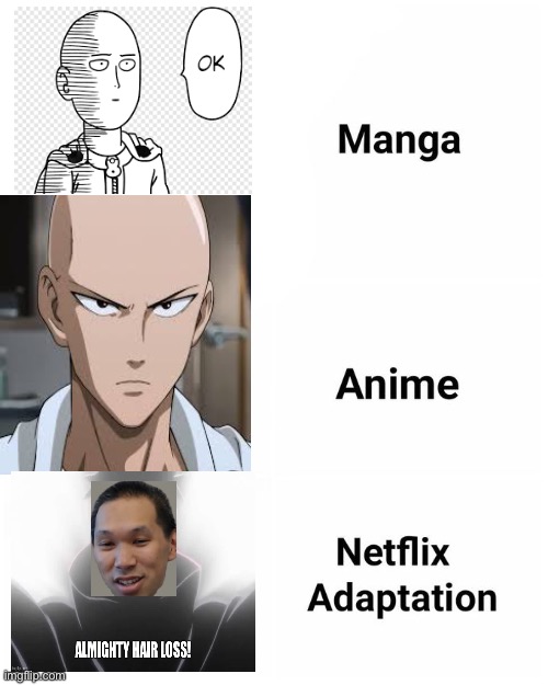 Almighty Hair loss | image tagged in netflix adaptation | made w/ Imgflip meme maker