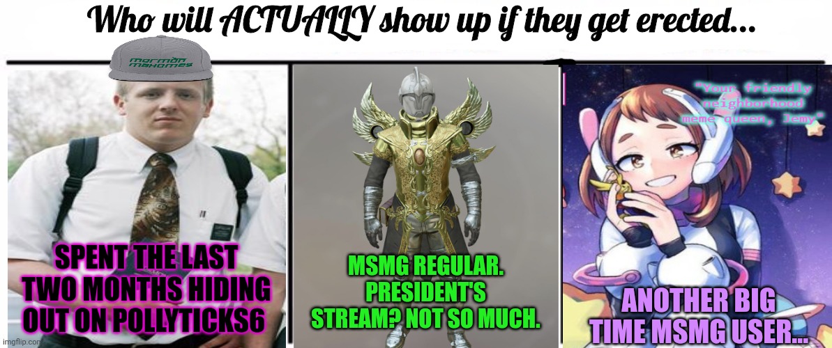 3x who would win | Who will ACTUALLY show up if they get erected... SPENT THE LAST TWO MONTHS HIDING OUT ON POLLYTICKS6 MSMG REGULAR. PRESIDENT'S STREAM? NOT S | image tagged in 3x who would win,everyone,gansta,until,the monkee,shows up | made w/ Imgflip meme maker