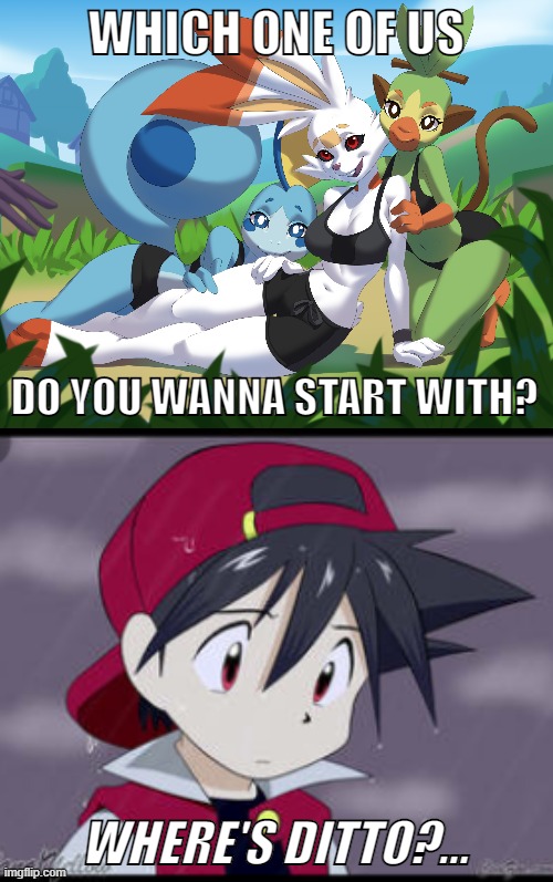 I WANT DITTO! | WHICH ONE OF US; DO YOU WANNA START WITH? WHERE'S DITTO?... | image tagged in pokemon red,ditto,pokemon,memes,funny,furry | made w/ Imgflip meme maker