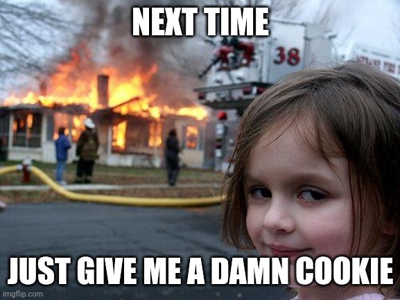 Disaster Girl | NEXT TIME; JUST GIVE ME A DAMN COOKIE | image tagged in memes,disaster girl | made w/ Imgflip meme maker