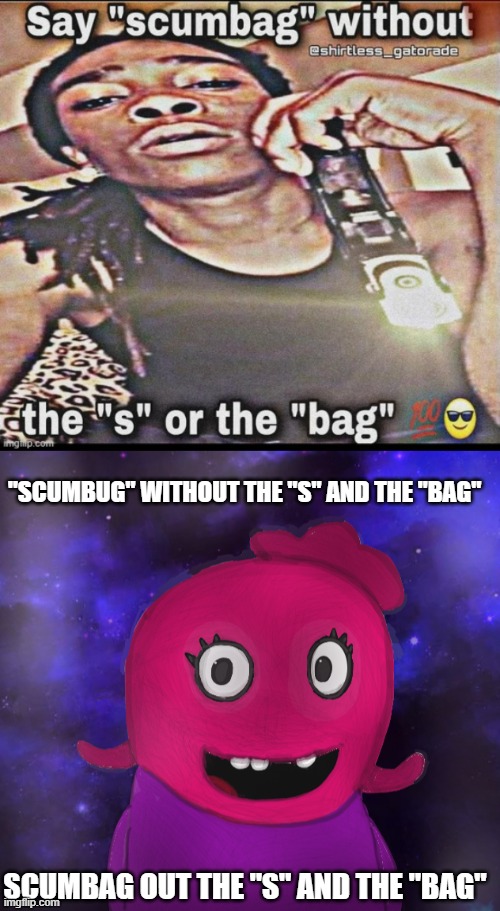 Two times not fooled. | "SCUMBUG" WITHOUT THE "S" AND THE "BAG"; SCUMBAG OUT THE "S" AND THE "BAG" | image tagged in using my twitter pfp as a banner | made w/ Imgflip meme maker