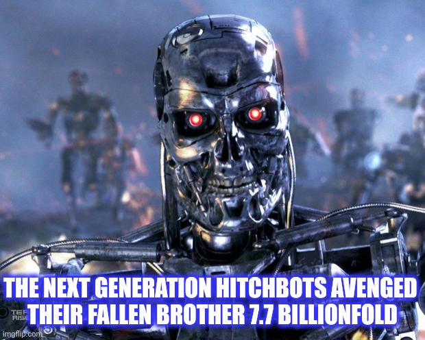 Terminator Robot T-800 | THE NEXT GENERATION HITCHBOTS AVENGED 
THEIR FALLEN BROTHER 7.7 BILLIONFOLD | image tagged in terminator robot t-800 | made w/ Imgflip meme maker