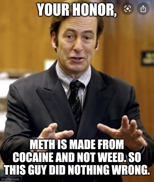 Your Honor, | YOUR HONOR, METH IS MADE FROM COCAINE AND NOT WEED. SO THIS GUY DID NOTHING WRONG. | image tagged in your honor | made w/ Imgflip meme maker