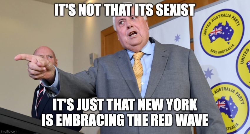 Triggered Conservative | IT'S NOT THAT ITS SEXIST IT'S JUST THAT NEW YORK IS EMBRACING THE RED WAVE | image tagged in triggered conservative | made w/ Imgflip meme maker