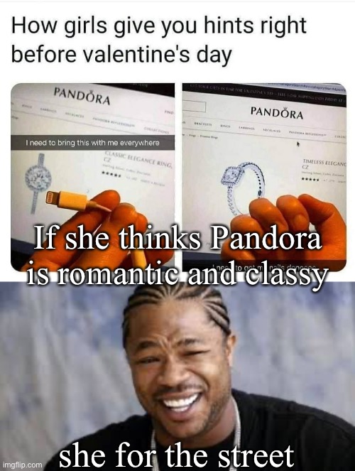 Pandora 4 the street | If she thinks Pandora is romantic and classy; she for the street | image tagged in pimp my ride,street,sesame street,girl,stay classy,romance | made w/ Imgflip meme maker