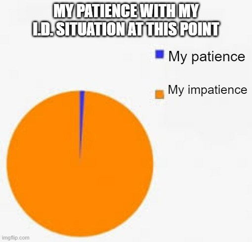 My patience is running so thin right now | MY PATIENCE WITH MY I.D. SITUATION AT THIS POINT; My patience; My impatience | image tagged in pie chart meme,memes,id,situation,relatable,patience is running thin | made w/ Imgflip meme maker