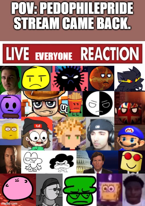 shitpost status ñumber 4 | POV: PEDOPHILEPRIDE STREAM CAME BACK. | image tagged in live everyone reaction v3 | made w/ Imgflip meme maker