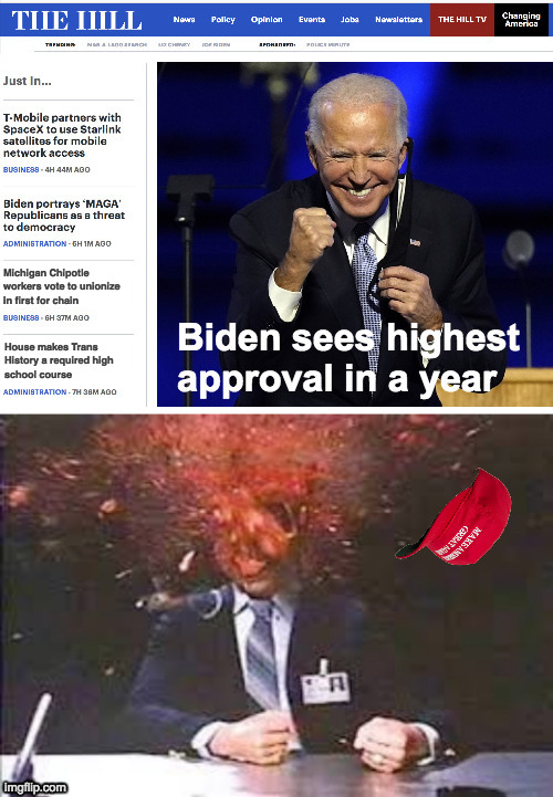 Sleepy Joe on track to be a two-term President. | Michigan Chipotle
workers vote to unionize
in first for chain; House makes Trans
History a required high
school course | image tagged in memes,exploding head,maga hat,two is better than one,dems de berries | made w/ Imgflip meme maker