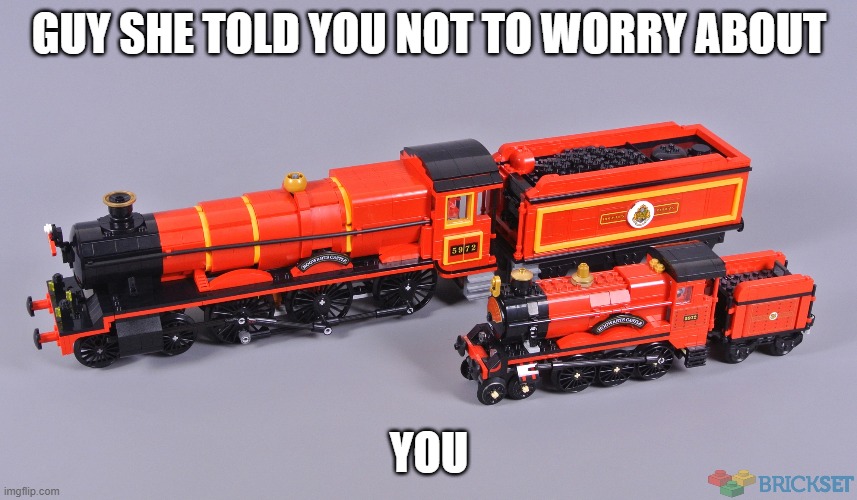 new hogwarts express | GUY SHE TOLD YOU NOT TO WORRY ABOUT; YOU | image tagged in lego,train,hogwarts,you vs the guy she tells you not to worry about,you vs the guy she told you not to worry about | made w/ Imgflip meme maker