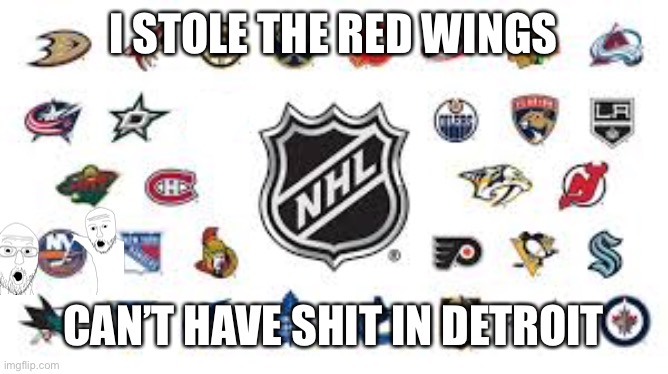 detroit | I STOLE THE RED WINGS; CAN’T HAVE SHIT IN DETROIT | image tagged in nhl,soyjak,detroit,detroit red wings | made w/ Imgflip meme maker