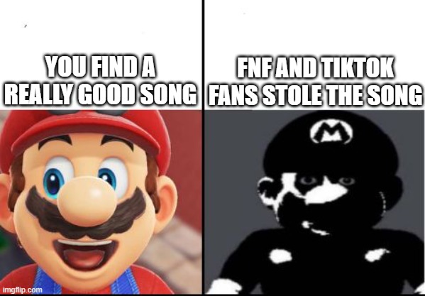 Why Do FNF and Tiktokers have to ruin everything man |  FNF AND TIKTOK FANS STOLE THE SONG; YOU FIND A REALLY GOOD SONG | image tagged in happy mario vs dark mario,certified bruh moment | made w/ Imgflip meme maker