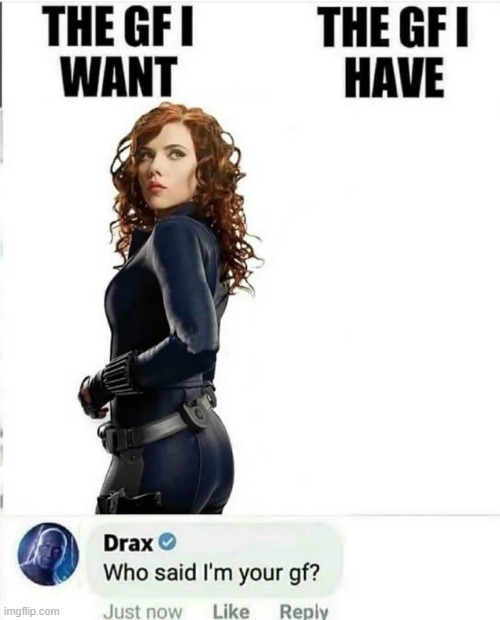 Invisible Girlfriend | image tagged in marvel,black widow,drax | made w/ Imgflip meme maker