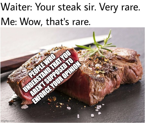 rare steak meme | PEOPLE WHO UNDERSTAND THAT YOU AREN'T SUPPOSED TO ENFORCE YOUR OPINION | image tagged in rare steak meme | made w/ Imgflip meme maker