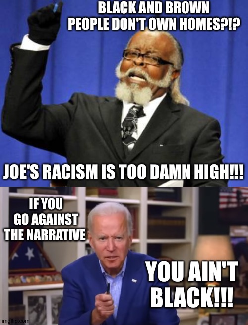 BLACK AND BROWN PEOPLE DON'T OWN HOMES?!? JOE'S RACISM IS TOO DAMN HIGH!!! IF YOU GO AGAINST THE NARRATIVE; YOU AIN'T BLACK!!! | image tagged in memes,too damn high,biden you ain't black | made w/ Imgflip meme maker