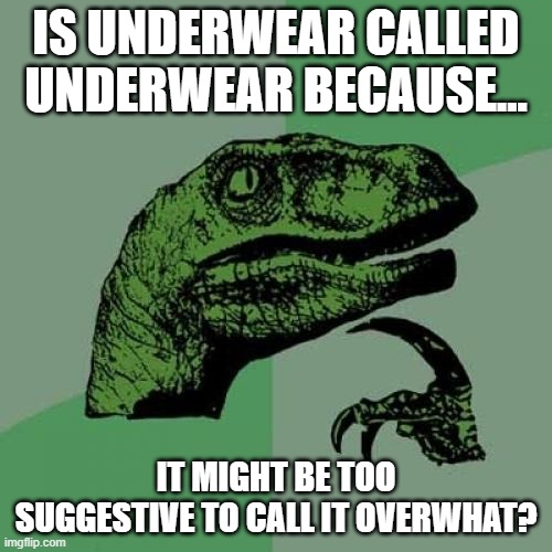 Name Calling | IS UNDERWEAR CALLED UNDERWEAR BECAUSE... IT MIGHT BE TOO SUGGESTIVE TO CALL IT OVERWHAT? | image tagged in memes,philosoraptor,deep thoughts,humor,funny,dark humor | made w/ Imgflip meme maker