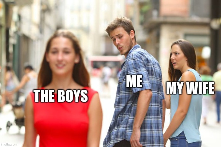 the boys | MY WIFE; ME; THE BOYS | image tagged in memes,distracted boyfriend | made w/ Imgflip meme maker