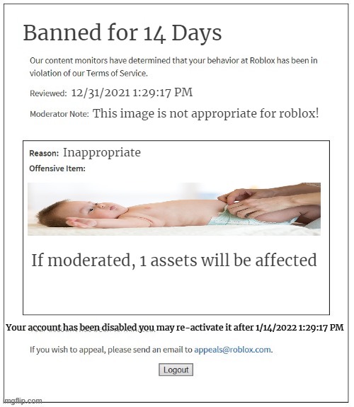 Moderation System | Banned for 14 Days; 12/31/2021 1:29:17 PM; This image is not appropriate for roblox! Inappropriate; If moderated, 1 assets will be affected; Your account has been disabled you may re-activate it after 1/14/2022 1:29:17 PM | image tagged in moderation system | made w/ Imgflip meme maker