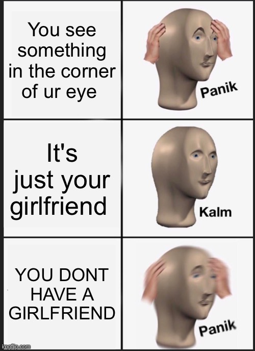 You see something in the corner of ur eye It's just your girlfriend YOU DONT HAVE A GIRLFRIEND | image tagged in memes,panik kalm panik | made w/ Imgflip meme maker