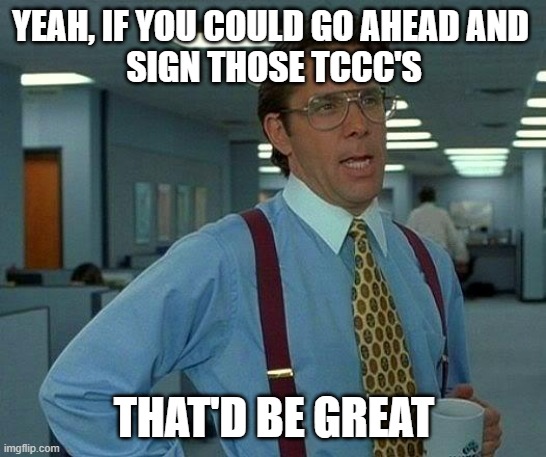 That Would Be Great | YEAH, IF YOU COULD GO AHEAD AND 
SIGN THOSE TCCC'S; THAT'D BE GREAT | image tagged in memes,that would be great | made w/ Imgflip meme maker