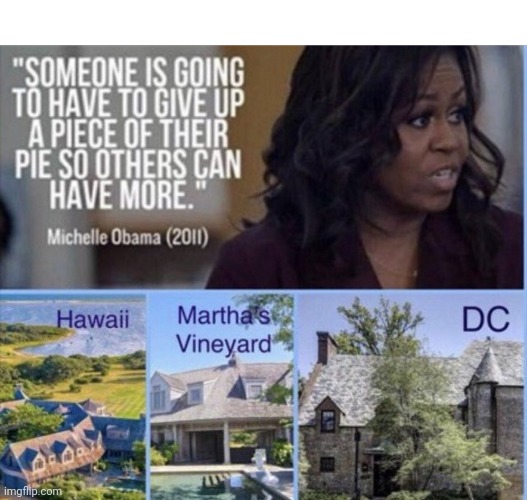 Big Mike the Hypocrite | MICHELLE OBAMA (2011); "SOMEONE IS GOING TO HAVE TO GIVE UP A PIECE OF THEIR PIE SO OTHERS CAN HAVE MORE." | image tagged in big,mike,hypocrite | made w/ Imgflip meme maker