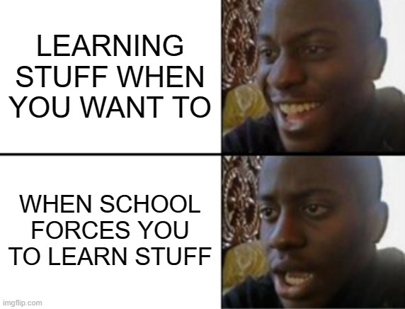 Oh yeah! Oh no... |  LEARNING STUFF WHEN YOU WANT TO; WHEN SCHOOL FORCES YOU TO LEARN STUFF | image tagged in oh yeah oh no,school,memes,learning,history,math | made w/ Imgflip meme maker