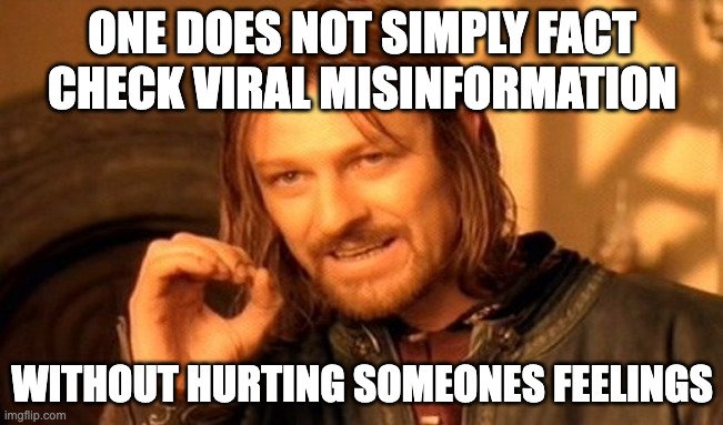 misinformation | ONE DOES NOT SIMPLY FACT CHECK VIRAL MISINFORMATION; WITHOUT HURTING SOMEONES FEELINGS | image tagged in memes,one does not simply | made w/ Imgflip meme maker