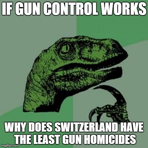 Philosoraptor | IF GUN CONTROL WORKS WHY DOES SWITZERLAND HAVE THE LEAST GUN HOMICIDES | image tagged in memes,philosoraptor | made w/ Imgflip meme maker