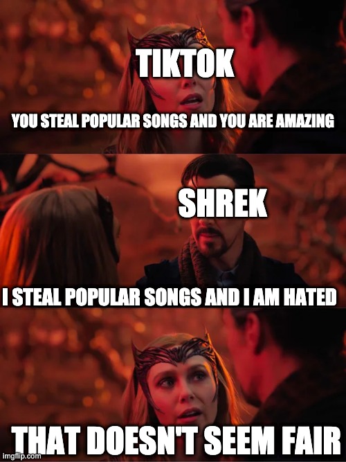 That Doesn't Seem Fair | TIKTOK; YOU STEAL POPULAR SONGS AND YOU ARE AMAZING; SHREK; I STEAL POPULAR SONGS AND I AM HATED; THAT DOESN'T SEEM FAIR | image tagged in that doesn't seem fair,tiktok,shrek | made w/ Imgflip meme maker