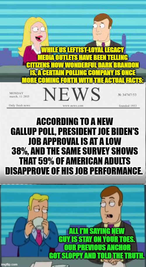 The legacy media outlets telling the truth?  Hey . . . theoretically it COULD happen. | WHILE US LEFTIST-LOYAL LEGACY MEDIA OUTLETS HAVE BEEN TELLING CITIZENS HOW WONDERFUL DARK BRANDON IS, A CERTAIN POLLING COMPANY IS ONCE MORE COMING FORTH WITH THE ACTUAL FACTS:; ACCORDING TO A NEW GALLUP POLL, PRESIDENT JOE BIDEN'S JOB APPROVAL IS AT A LOW 38%, AND THE SAME SURVEY SHOWS THAT 59% OF AMERICAN ADULTS DISAPPROVE OF HIS JOB PERFORMANCE. ALL I'M SAYING NEW GUY IS STAY ON YOUR TOES.  OUR PREVIOUS ANCHOR GOT SLOPPY AND TOLD THE TRUTH. | image tagged in truth | made w/ Imgflip meme maker