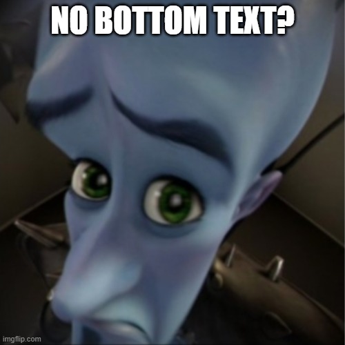 No Bottom Text? | NO BOTTOM TEXT? | image tagged in megamind peeking,bottom text,wait a minute,meta,memes,literally | made w/ Imgflip meme maker