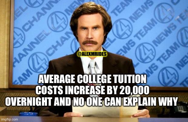 Student Loan Forgiveness | @ALEXMRIDES; AVERAGE COLLEGE TUITION COSTS INCREASE BY 20,000 OVERNIGHT AND NO ONE CAN EXPLAIN WHY | image tagged in breaking news,politics,political meme,political,joe biden,liberal logic | made w/ Imgflip meme maker