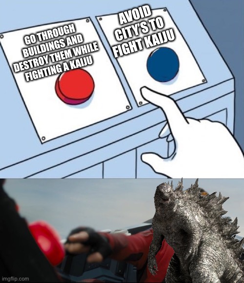 Godzilla in a nutshell | AVOID CITY’S TO FIGHT KAIJU; GO THROUGH BUILDINGS AND DESTROY THEM WHILE FIGHTING A KAIJU | image tagged in godzilla,godzilla vs kong | made w/ Imgflip meme maker