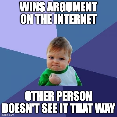 Arguing on the internet | WINS ARGUMENT ON THE INTERNET; OTHER PERSON DOESN'T SEE IT THAT WAY | image tagged in memes,success kid | made w/ Imgflip meme maker
