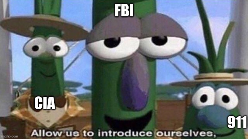 VeggieTales 'Allow us to introduce ourselfs' | FBI CIA 911 | image tagged in veggietales 'allow us to introduce ourselfs' | made w/ Imgflip meme maker