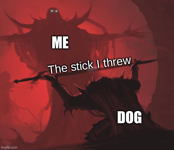 dog | ME; The stick I threw; DOG | image tagged in man giving sword to larger man,dog,memes,funny,funny memes | made w/ Imgflip meme maker