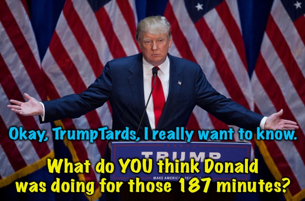 I'm addressing only TrumpTards, not all Republicans. | Okay, TrumpTards, I really want to know. What do YOU think Donald was doing for those 187 minutes? | image tagged in donald trump | made w/ Imgflip meme maker