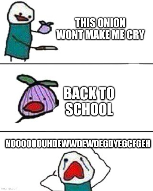 im back!!!11 | THIS ONION WONT MAKE ME CRY; BACK TO
SCHOOL; NOOOOOOUHDEWWDEWDEGDYEGCFGEH | image tagged in this onion won't make me cry | made w/ Imgflip meme maker