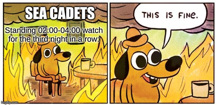 This Is Fine | SEA CADETS; Standing 02:00-04:00 watch for the third night in a row: | image tagged in memes,this is fine | made w/ Imgflip meme maker