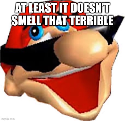 Stupid Mario Smiling | AT LEAST IT DOESN’T SMELL THAT TERRIBLE | image tagged in stupid mario smiling | made w/ Imgflip meme maker