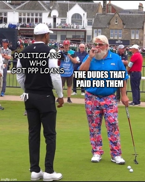 hypocrites |  POLITICIANS WHO GOT PPP LOANS; THE DUDES THAT PAID FOR THEM | image tagged in john daly and tiger woods | made w/ Imgflip meme maker