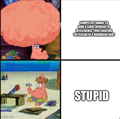 patrick big brain | COMPLETELY UNABLE TO HAVE A LARGE INCREASE IN INTELLIGENCE, THUS CREATING THE FEELING OF A BRAINDEAD IDIOT STUPID | image tagged in patrick big brain | made w/ Imgflip meme maker
