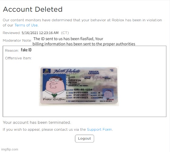 Roblox ban me for using a FAKE ID - Imgflip