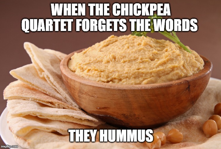 Chickpea Quartet | WHEN THE CHICKPEA QUARTET FORGETS THE WORDS; THEY HUMMUS | image tagged in hummus | made w/ Imgflip meme maker