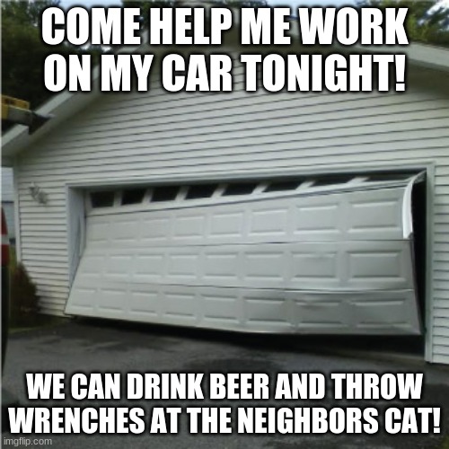 Garage door | COME HELP ME WORK ON MY CAR TONIGHT! WE CAN DRINK BEER AND THROW WRENCHES AT THE NEIGHBORS CAT! | image tagged in garage door | made w/ Imgflip meme maker