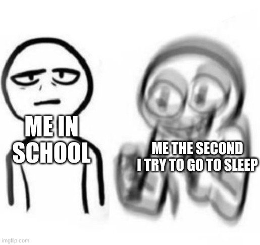 Tired vs Hyper | ME THE SECOND I TRY TO GO TO SLEEP; ME IN SCHOOL | image tagged in tired vs hyper | made w/ Imgflip meme maker