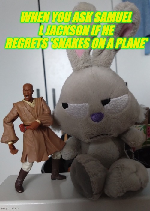 Shocked Samuel L Jackson | WHEN YOU ASK SAMUEL L JACKSON IF HE REGRETS 'SNAKES ON A PLANE' | image tagged in snakes on the plane samuel l jackson | made w/ Imgflip meme maker