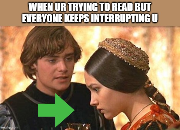 just tryin' ta read! | WHEN UR TRYING TO READ BUT EVERYONE KEEPS INTERRUPTING U | image tagged in reading,romeo and juliet,go away,lol so funny | made w/ Imgflip meme maker