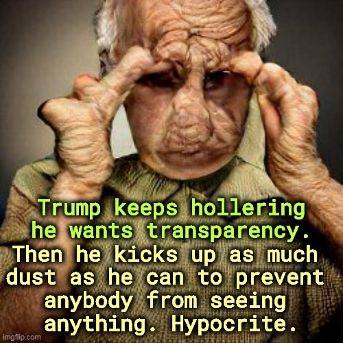 Then he kicks up as much 
dust as he can to prevent 
anybody from seeing 
anything. Hypocrite. Trump keeps hollering he wants transparency. | image tagged in trump,hypocrite,conservative hypocrisy | made w/ Imgflip meme maker